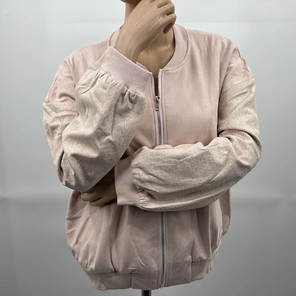 🆕Pink Bomber Jacket Snakeskin Sleeve Print New Blush Hem& Thread-Anthropologie - Picture 9 of 15